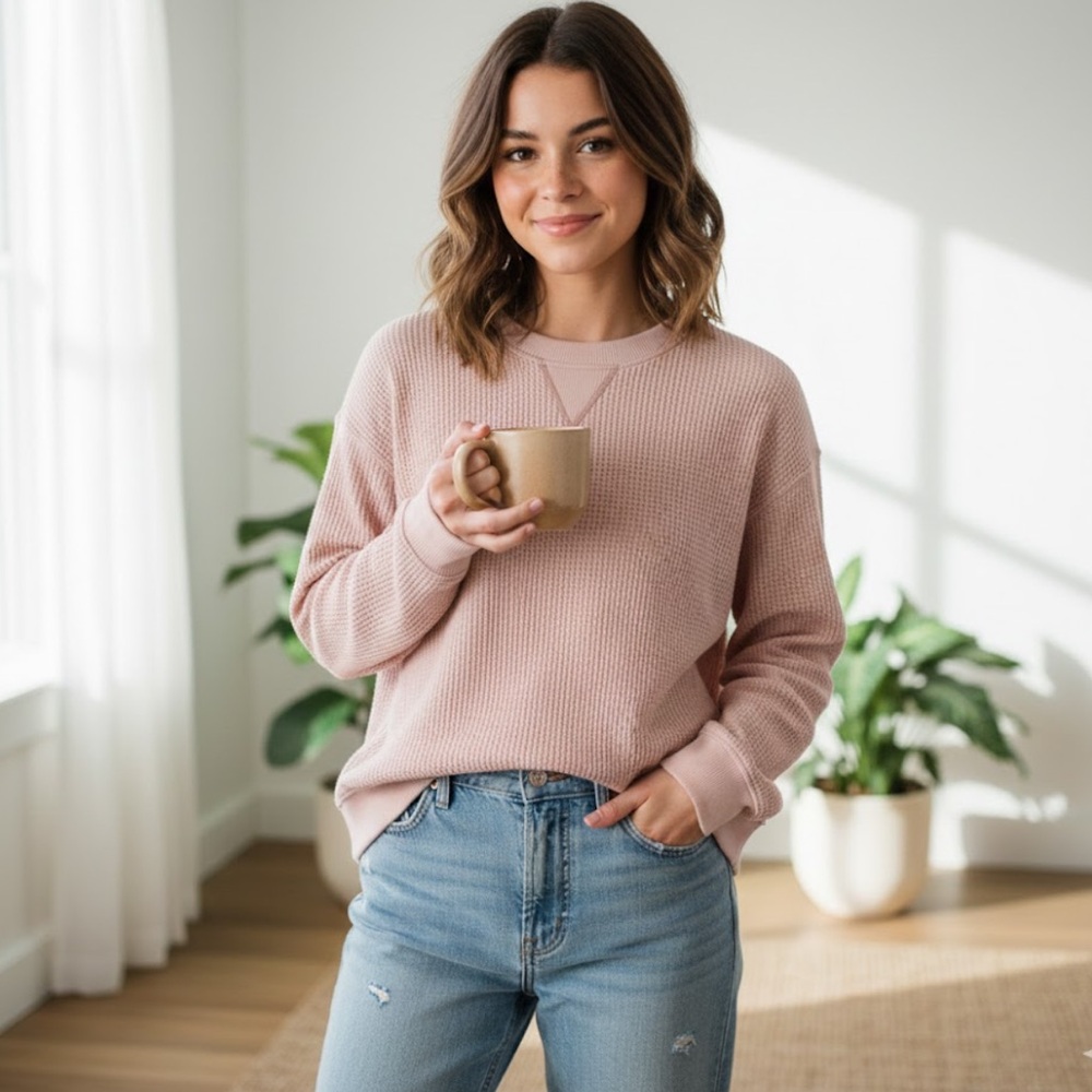 Aerie Waffle Knit Blush‎ Pink Pullover Sweatshirt